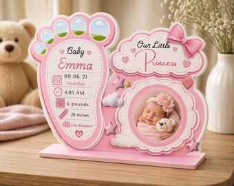 Baby Birth Stats Sign, Personalized Baby Girl Nursery Decor, Newborn Birth Announcement Sign, Baby Photo Frame, Baby Shower Gift