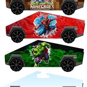 May include: Four toy car designs featuring popular characters. The first car has a Minecraft theme with the game's logo. The second car features Spider-Man on a red background. The third car has the Hulk. The last car has a blue sky and green hills.