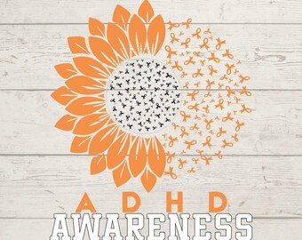 ADHD Awareness Sunflower Ribbon Illustration SVG Digital Download | Mental Health Support Floral Design