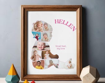 May include: A framed baby photo collage in a wooden frame. The collage is in the shape of a baby and contains multiple baby photos. The name "HELLEN" is written in pink, along with the phrase "Small feet, big love."