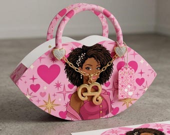 Sjabloon zwarte Barbie-lippentasje gunstdoos, roze lippen-feestverpakking (digitale download)