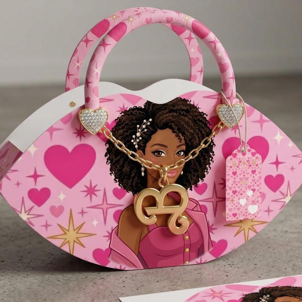 Modelo de caixa de lembrancinha em formato de bolsa de lábios da Barbie preta, embalagem para festa com tema de lábios rosa (download digital)