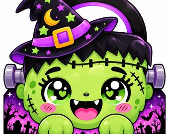 May include: A cartoon illustration of a green monster head with stitches, wearing a black witch hat decorated with yellow stars and a crescent moon. The character has large green eyes with heart-shaped pupils, a wide smile, and two silver neck bolts.