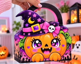 May include: A cardboard treat box featuring a cartoon pumpkin character wearing a purple witch hat with a yellow crescent moon, pink stars, and a skull-adorned pink bow. The box has a handle and a purple-to-black gradient background with bats.