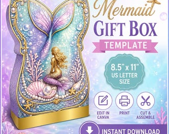 May include: A mermaid gift box template featuring a gold-trimmed, tail-shaped box with a mermaid illustration, pearls, and coral. Text includes Mermaid Gift Box Template, 8.5 inch by 11 inch US Letter Size, Edit in Canva, Print, Cut and Assemble.