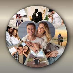 Può includere: Un collage fotografico circolare con più immagini di coppie. L'immagine centrale è a forma di cuore e mostra una coppia sorridente. Altre foto raffigurano coppie in ambientazioni romantiche, tra cui spiagge e luoghi all'aperto.