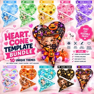 May include: A digital template bundle for heart-shaped treat cones featuring 10 unique themes including winter, spring, sunshine, love, moon and stars, rainbow, autumn, aqua, glam, and halloween. The text reads Heart Cone Template Bundle.
