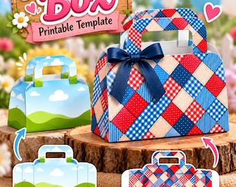 May include: A printable template for a purse box featuring two designs: one with a blue sky and green hills, and another with a red, white, and blue checkered pattern. The assembled box includes a dark blue ribbon bow on the front.