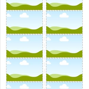 Peut inclure: Mod&egrave;le de carte d'identit&eacute; A4 avec dix cartes standard. Chaque carte pr&eacute;sente un paysage avec un ciel bleu, des nuages blancs et des collines verdoyantes. Les cartes mesurent 85,6 mm x 54 mm.