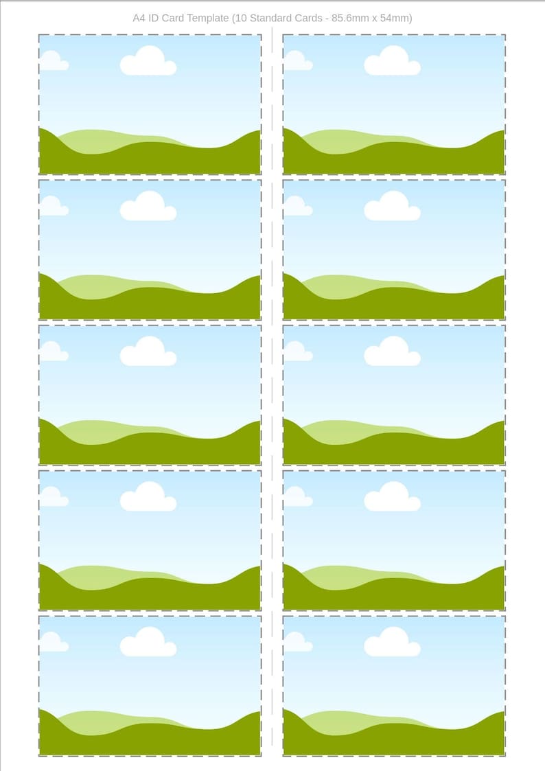 Peut inclure: Mod&egrave;le de carte d'identit&eacute; A4 avec dix cartes standard. Chaque carte pr&eacute;sente un paysage avec un ciel bleu, des nuages blancs et des collines verdoyantes. Les cartes mesurent 85,6 mm x 54 mm.