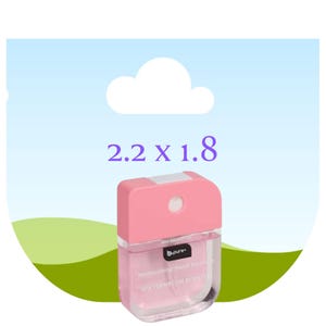 May include: A pink and clear hand sanitizer bottle with a pink cap. The bottle has the text "b-pure" and "Moisturizing Hand Sanitizer WATERMELON SCENTED". The bottle is 2.2 x 1.8 inches.