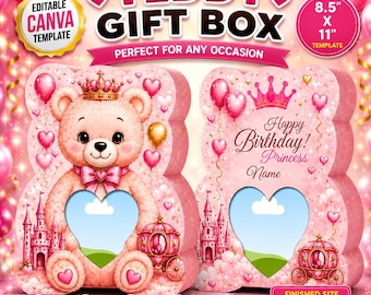 Princess Teddy Bear Gift Box Template, Editable Canva Keepsake (Digital Download)
