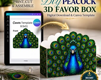 May include: A digital download DIY peacock 3D favor box Canva template displayed on a tablet screen next to an assembled box featuring a vibrant blue and green peacock feather pattern. The text reads DIY PEACOCK 3D FAVOR BOX and 8.5x11.