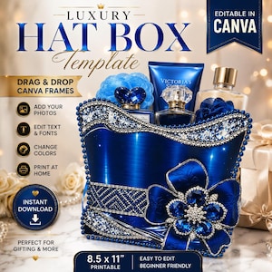 Può includere: Un modello di scatola per cappelli blu reale con un design floreale e abbellimenti di cristallo. La scatola contiene prodotti di bellezza, tra cui profumo e lozione. Il testo sulla scatola recita "Luxury Hat Box Template" e "Editable in Canva". La dimensione stampabile è di 21,6 x 27,9 cm.