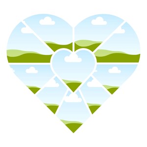 Puede incluir: Un collage en forma de coraz&oacute;n con im&aacute;genes de paisajes de colinas verdes, cielos azules y nubes blancas. El collage est&aacute; dividido en varias secciones, creando un efecto de mosaico. El dise&ntilde;o general es limpio y sencillo.