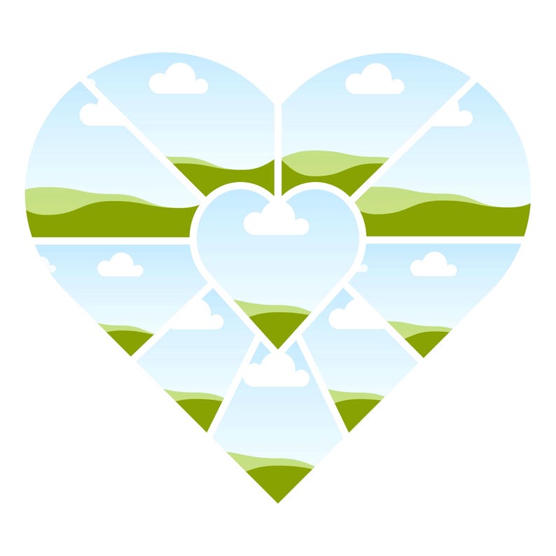 Puede incluir: Un collage en forma de coraz&oacute;n con im&aacute;genes de paisajes de colinas verdes, cielos azules y nubes blancas. El collage est&aacute; dividido en varias secciones, creando un efecto de mosaico. El dise&ntilde;o general es limpio y sencillo.
