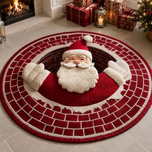 May include: A circular Christmas tree skirt featuring a red and white brick pattern design. The center displays a three-dimensional plush Santa Claus figure with a red hat, white beard, and white mittens, appearing to emerge from a chimney opening.