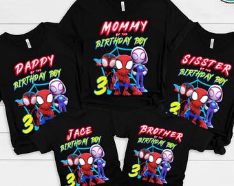 Anpassad Spidey och hans fantastiska vänner födelsedagströja, Spidey födelsedagsfamilj matchande tröjor, Spidey födelsedagströja, födelsedagspojke-tröja