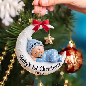 Baby’s First Christmas Ornament, Moon Acrylic Keepsake, Personalized Newborn Gift, Baby Shower Gift, Baby First Christmas Keepsake