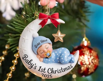Baby’s First Christmas Ornament, Moon Acrylic Keepsake, Personalized Newborn Gift, Baby Shower Gift, Baby First Christmas Keepsake