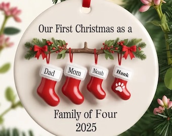 Personalized Family of Four Ceramic Christmas Ornament 2025, Custom New Family Of Three Ornament, Baby's First Christmas Ornament