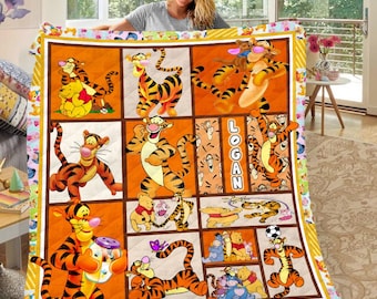 パーソナライズされたティガーキルトブランケット、カスタムネームのプーさんティガーフリースブランケット、子供へのギフト、漫画キルトブランケット、子供への誕生日プレゼント