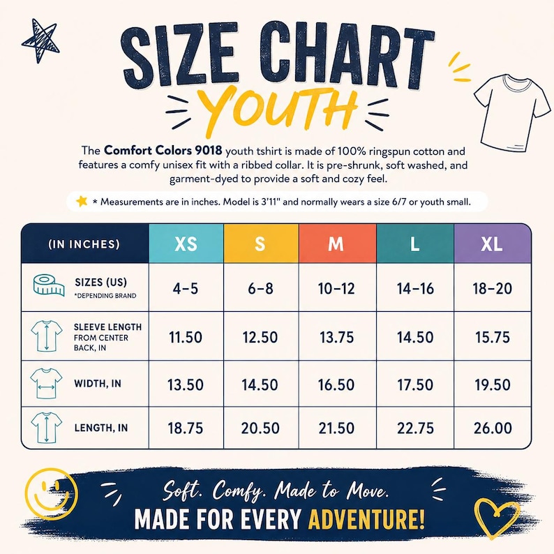 May include: A youth size chart for Comfort Colors 9018 t-shirts, featuring a table with columns for XS, S, M, L, and XL. It lists measurements in inches for sleeve length, width, and length, alongside US size ranges from 4 to 20 for children.