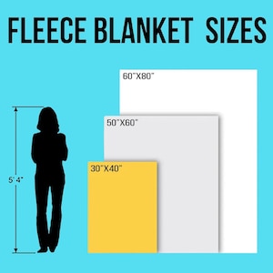 以下が含まれることがあります： フリースブランケットのサイズを示す画像：76cm x 102cm、127cm x 152cm、152cm x 203cm。上部には「FLEECE BLANKET SIZES」の文字。人物のシルエットが163cmの測定値の隣にあります。背景は水色です。