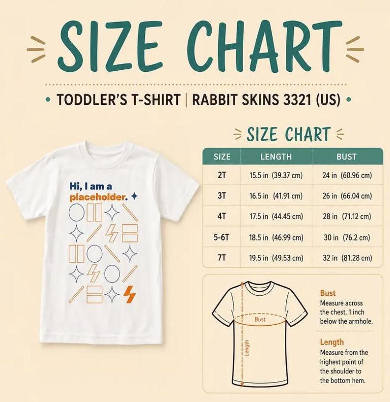 May include: A white toddler t-shirt with a graphic featuring the text 'Hi, I am a placeholder.' and various geometric shapes. Next to the shirt is a size chart for Rabbit Skins 3321, listing lengths and bust measurements in inches and centimeters.