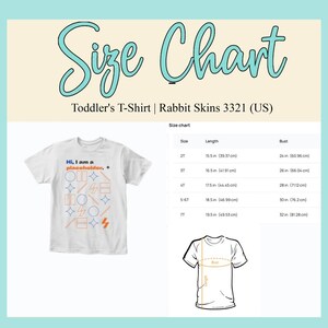 May include: White toddler's t-shirt with the text "Hi, I am a placeholder." and geometric shapes in blue and orange. The image includes a size chart for the Rabbit Skins 3321 (US) t-shirt, showing measurements in inches and centimeters.