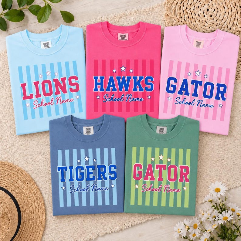 May include: Five crewneck t-shirts in light blue, hot pink, light pink, slate blue, and sage green. Each shirt features vertical stripes, a team name in block letters, the text "School Name" in script, and small star accents on the front.