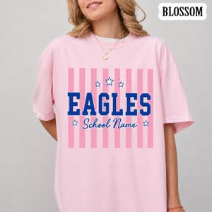May include: A light pink t-shirt featuring a graphic with vertical pink stripes, the word EAGLES in bold blue block letters, and the text School Name in blue script. The design includes five blue stars and the word BLOSSOM in the top corner.