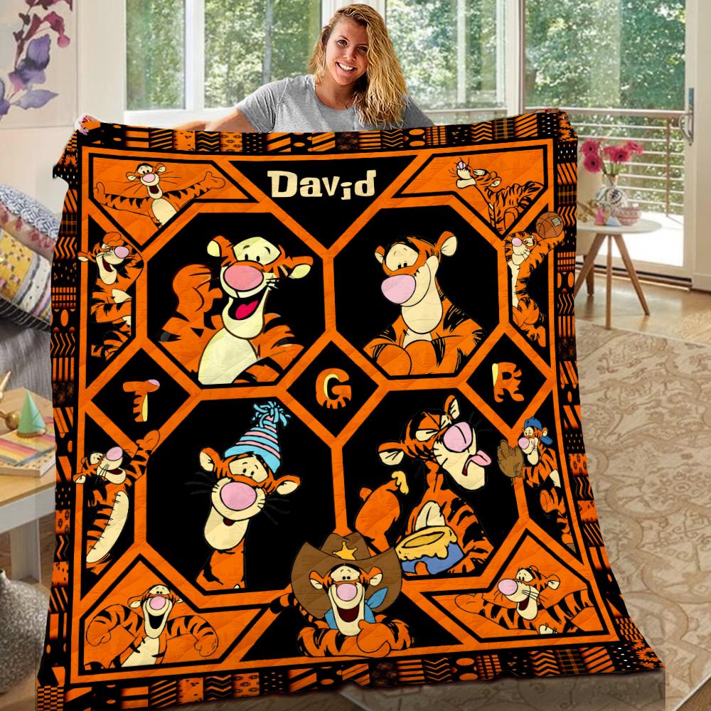 Discover Personalized Tigger Quilt Blanket, Custom Name Pooh Tigger Blanket, Gift Kid, Cartoon Quilt Blanket, Birthday gift for Kid