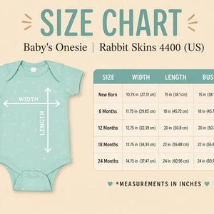 May include: A light green baby onesie with a short-sleeve design and a size chart titled SIZE CHART Baby's Onesie Rabbit Skins 4400 (US). The chart lists width, length, and bust measurements in inches for sizes from New Born to 24 Months.