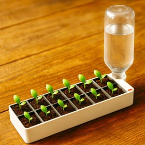 Peut inclure: Un bac rectangulaire blanc avec des compartiments individuels, chacun contenant de la terre et une petite plantule verte. Une bouteille d'eau transparente est attachée, fournissant l'hydratation. L'ensemble est sur une surface en bois, suggérant un thème de jardinage domestique.