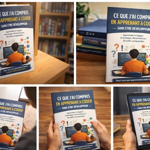 May include: A book titled "CE QUE J'AI COMPRIS EN APPRENANT À CODER" with a person at a computer on the cover. The book is white with blue and orange accents. The book's text includes "Apprendre la logique, Se tromper, Recommencer, Et enfin comprendre."