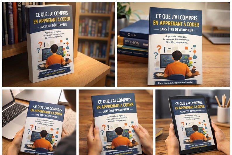 K&ouml;nnte beinhalten: Ein Buch mit dem Titel "CE QUE J'AI COMPRIS EN APPRENANT &Agrave; CODER" mit einer Person am Computer auf dem Cover. Das Buch ist wei&szlig; mit blauen und orangen Akzenten. Der Text des Buches lautet "Apprendre la logique, Se tromper, Recommencer, Et enfin comprendre."