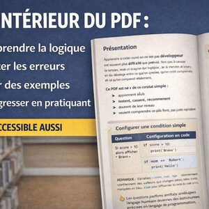 K&ouml;nnte beinhalten: Ein offenes Buch mit franz&ouml;sischem Text, einschlie&szlig;lich des Titels "&Agrave; L'INT&Eacute;RIEUR DU PDF:" und Aufz&auml;hlungspunkten mit Themen wie "Apprendre la logique" und "&Eacute;viter les erreurs". Im Hintergrund ist ein B&uuml;cherregal zu sehen.