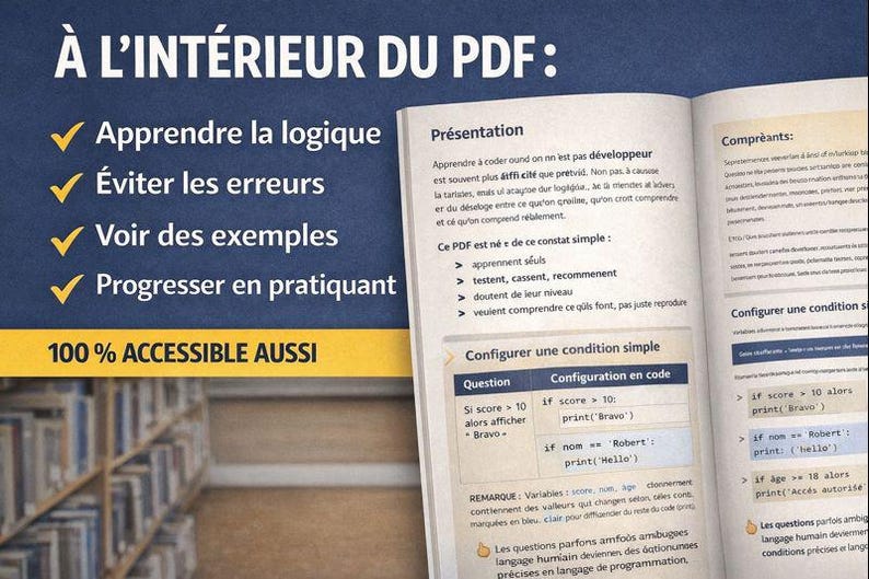 K&ouml;nnte beinhalten: Ein offenes Buch mit franz&ouml;sischem Text, einschlie&szlig;lich des Titels "&Agrave; L'INT&Eacute;RIEUR DU PDF:" und Aufz&auml;hlungspunkten mit Themen wie "Apprendre la logique" und "&Eacute;viter les erreurs". Im Hintergrund ist ein B&uuml;cherregal zu sehen.