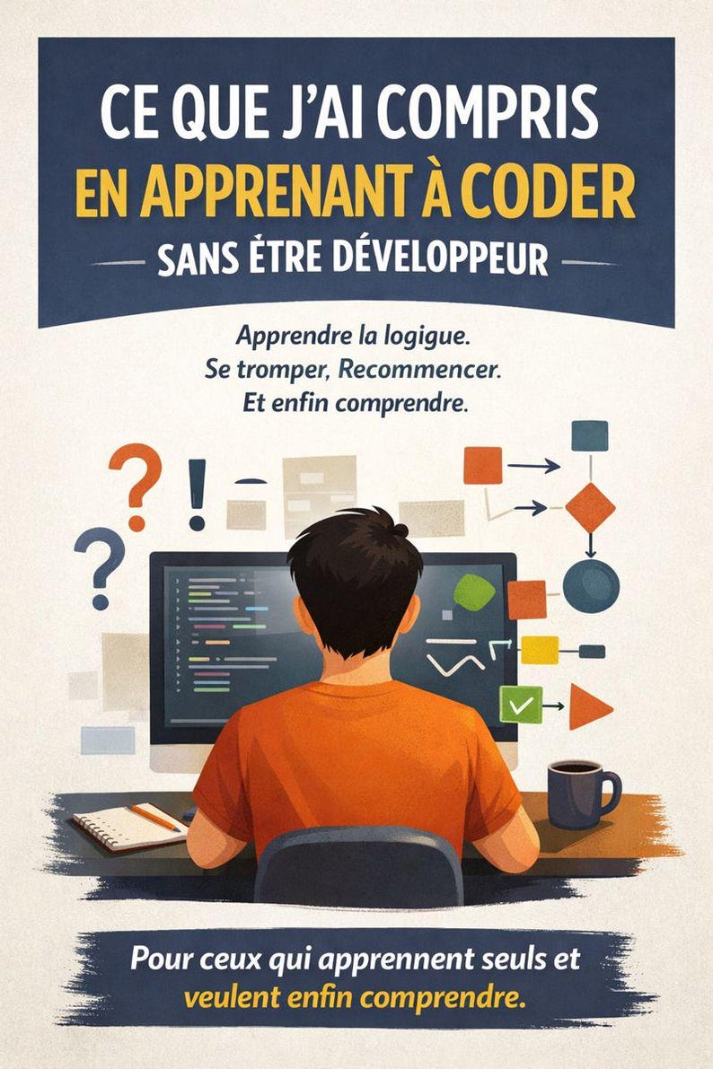 K&ouml;nnte beinhalten: Illustration mit franz&ouml;sischem Text &uuml;ber das Programmierenlernen. Eine Person in einem orangefarbenen Hemd sitzt an einem Schreibtisch mit Computer, Kaffeetasse und Notizblock. Der Text lautet: &bdquo;Was ich beim Programmierenlernen ohne Entwickler verstanden habe&ldquo;.