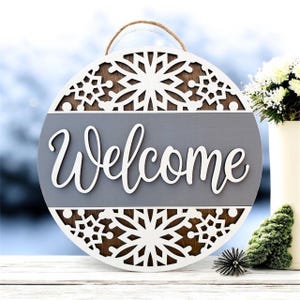 Letrero de bienvenida rústico de madera con forma de copo de nieve - Colgador de puerta navideño