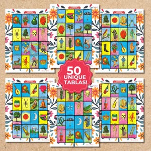 50 Loteria Mexicana Tradicional Digital PDF: Mexican Bingo Printable Kit – 50 unique cards. 4x4 Tablas