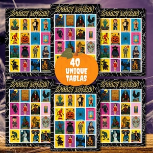 May include: Several "Spooky Lotería" cards are displayed, each with a grid of Halloween-themed images. The cards include illustrations of a zombie hand, a pumpkin, and a skull. An orange pumpkin graphic with the text "40 UNIQUE TABLAS" is in the center.
