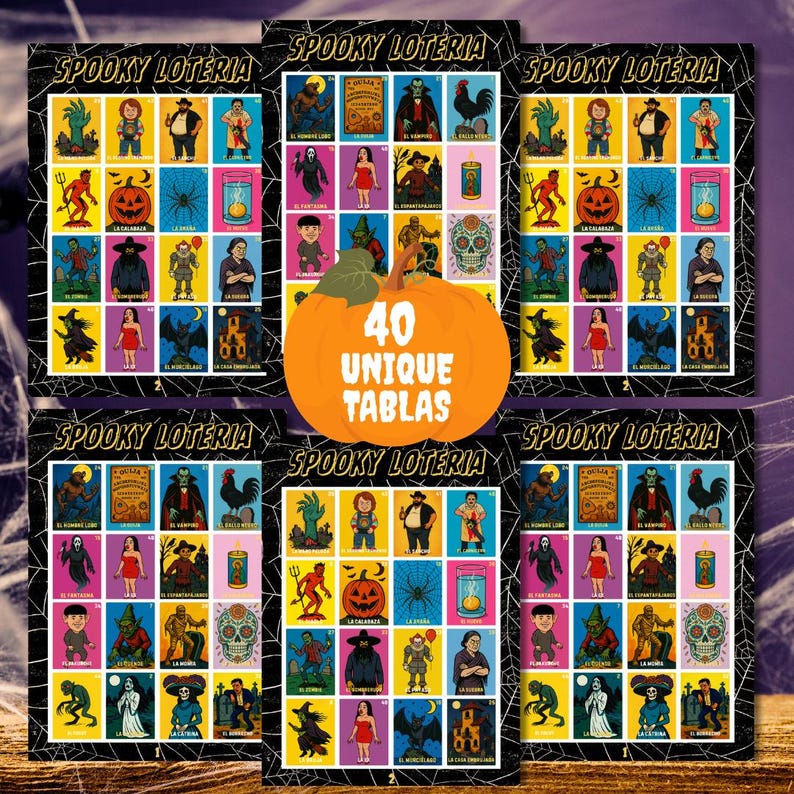 K&ouml;nnte beinhalten: Ein Spooky Loteria-Spielset mit mehreren Spielbrettern, die bunte Illustrationen von Horror-Charakteren und Symbolen zeigen. Die zentrale orangefarbene K&uuml;rbisgrafik enth&auml;lt den wei&szlig;en, fettgedruckten Text 40 UNIQUE TABLAS.