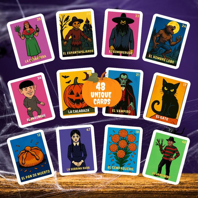 K&ouml;nnte beinhalten: Ein Set aus 48 einzigartigen Karten mit farbenfrohen Illustrationen verschiedener Figuren und Objekte, darunter ein K&uuml;rbis, ein Vampir, eine schwarze Katze und ein Werwolf, mit dem Text 48 UNIQUE CARDS auf einer zentralen K&uuml;rbisgrafik.