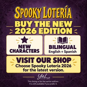 K&ouml;nnte beinhalten: Eine violette grafische Anzeige f&uuml;r Spooky Loter&iacute;a mit gelbem Text, der Buy the New 2026 Edition lautet. Sie enth&auml;lt zwei wei&szlig;e K&auml;sten mit Symbolen f&uuml;r New Characters und Bilingual English + Spanish sowie einen Aufruf zum Shop-Besuch.