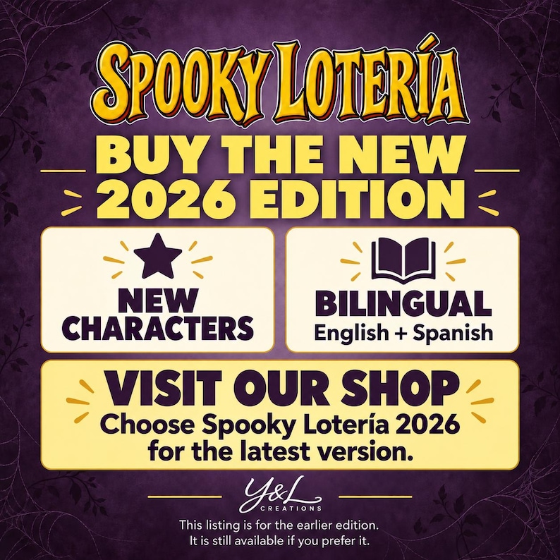 K&ouml;nnte beinhalten: Eine violette grafische Anzeige f&uuml;r Spooky Loter&iacute;a mit gelbem Text, der Buy the New 2026 Edition lautet. Sie enth&auml;lt zwei wei&szlig;e K&auml;sten mit Symbolen f&uuml;r New Characters und Bilingual English + Spanish sowie einen Aufruf zum Shop-Besuch.