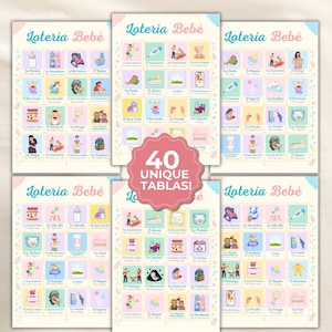 May include: A set of six "Loteria Bebé" game boards. Each board features colorful illustrations of baby-related items and people. The boards are arranged on a light background with the text "40 UNIQUE TABLAS!" in a pink circle.