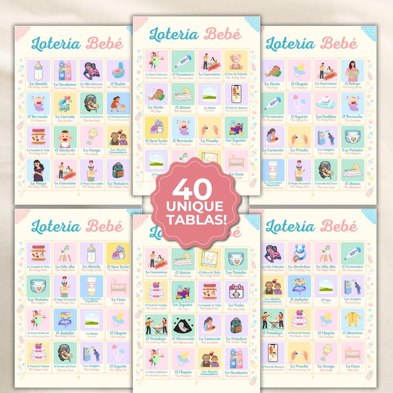 Lotería Bebé-spel: Spansk-engelsk Baby Shower Bingo (utskrivbar) bild 1