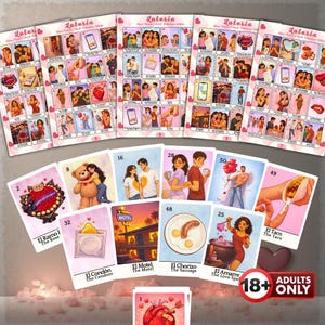 Könnte beinhalten: Ein Set von Loteria-Karten für Erwachsene mit Illustrationen von Paaren, Herzen und romantischen Symbolen. Die Karten zeigen spanischen Text, darunter "El Condón" und "El Taco". Das Set ist als nur für Erwachsene gekennzeichnet.
